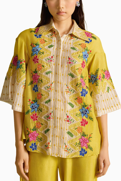 Yellow Floral Embroidered Color Block Shirt