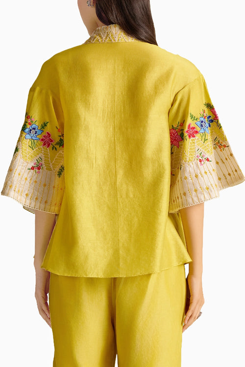Yellow Floral Embroidered Color Block Shirt