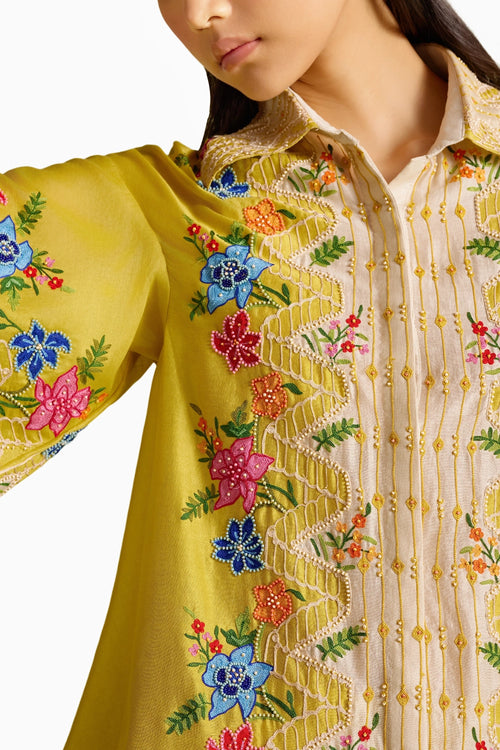 Yellow Floral Embroidered Color Block Shirt