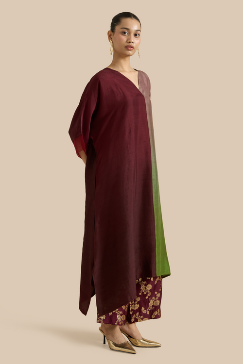 Dark Maroon Green Ombre Kaftan Set
