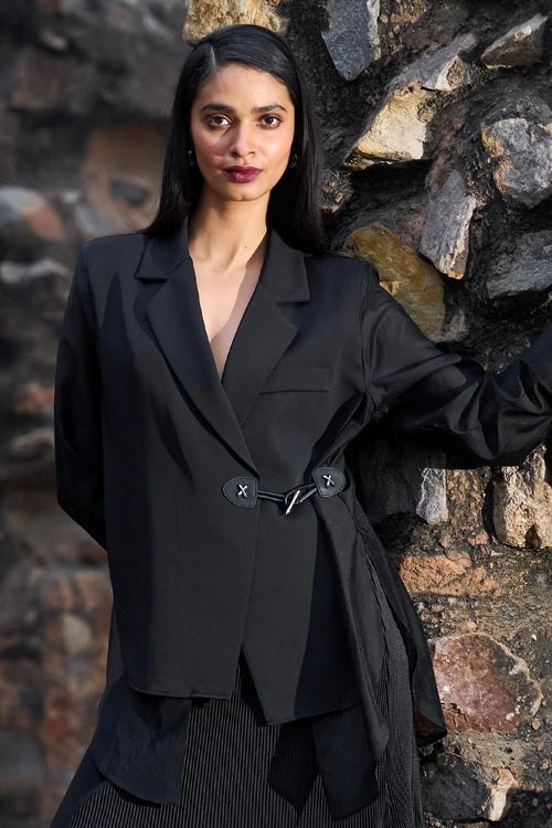 Side-tie Blazer Shirt with Pleated Fringed Skirt