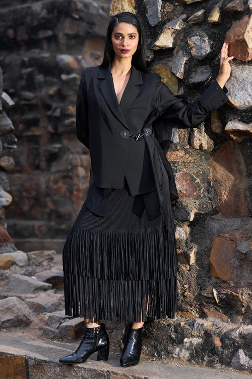 Side-tie Blazer Shirt with Pleated Fringed Skirt