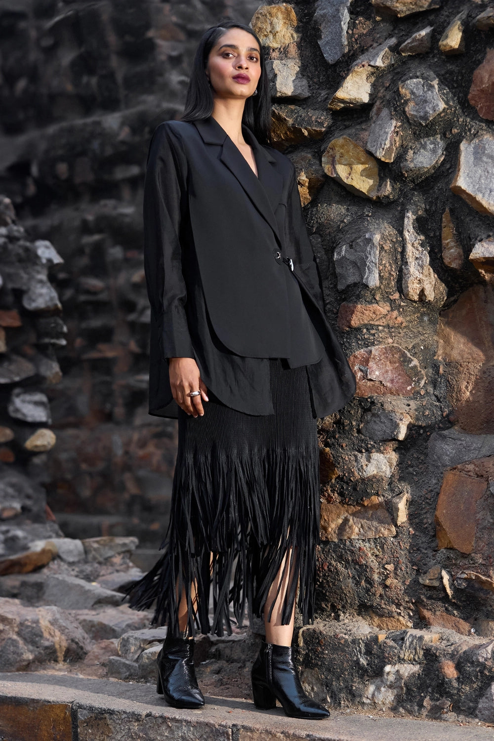 Side-tie Blazer Shirt with Pleated Fringed Skirt