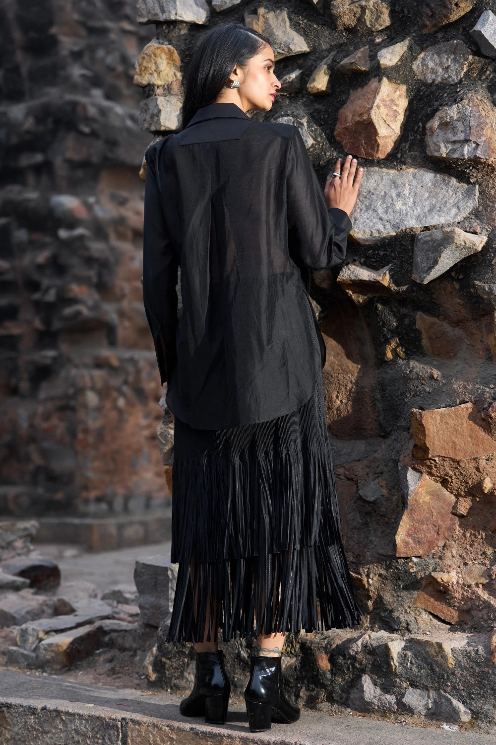 Side-tie Blazer Shirt with Pleated Fringed Skirt