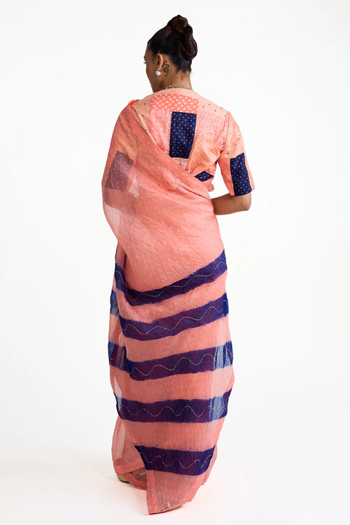 Peach Organza Bandhani Saree with Boro Blouse