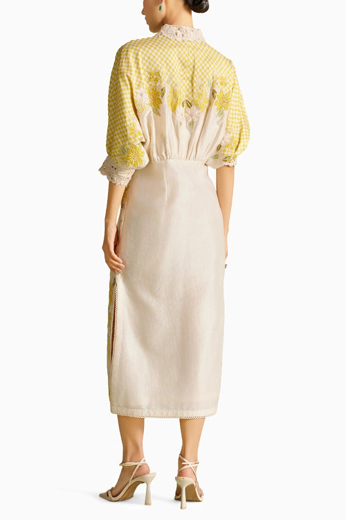 Ivory And Yellow Checkered Kimono Dress