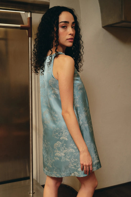 Teal Blue Jacquard Embellished Neck Mini Dress