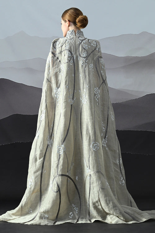 Soft Grey Couture Gown With Hand-Embroidered Floral Trails