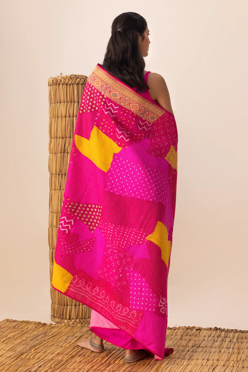 Rani Multi Bandhani Patchwork Saree