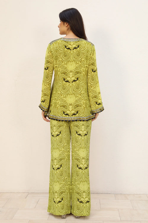 Olive Green Printed Patra Work Co-ord Set