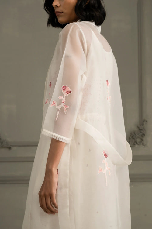 Ivory Rose Appliqué Organza Jacket And Linen Strap Dress
