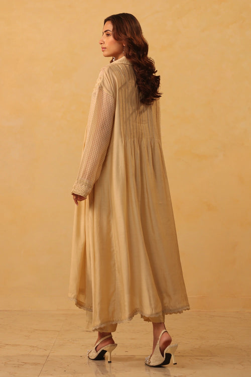 Vaayu Beige Pintuck Collar Kurta Set