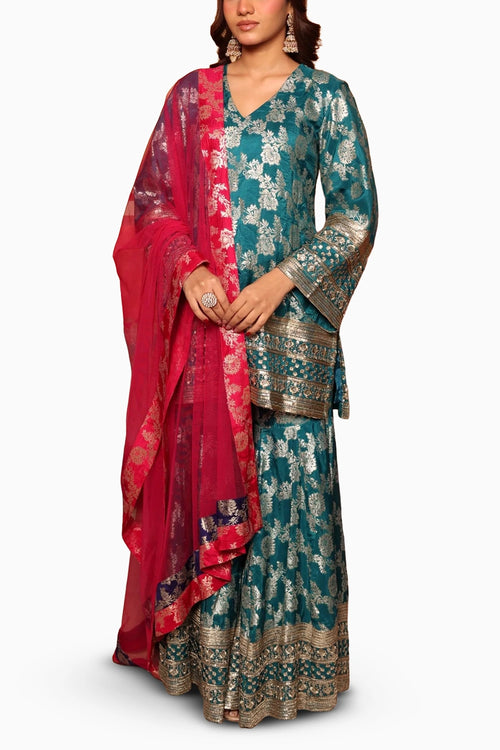 Turqouise Banarasi Begum Sharara Set With Pink Dupatta