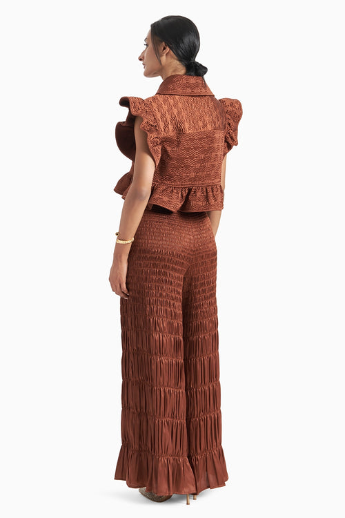 Brown Quilted Jacket With Smocked Stain Pants