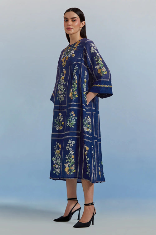 Blue Bouquet Pleated Dress