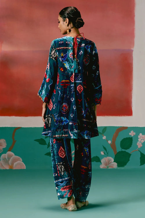 Teal Aztec Velvet Kurta Set