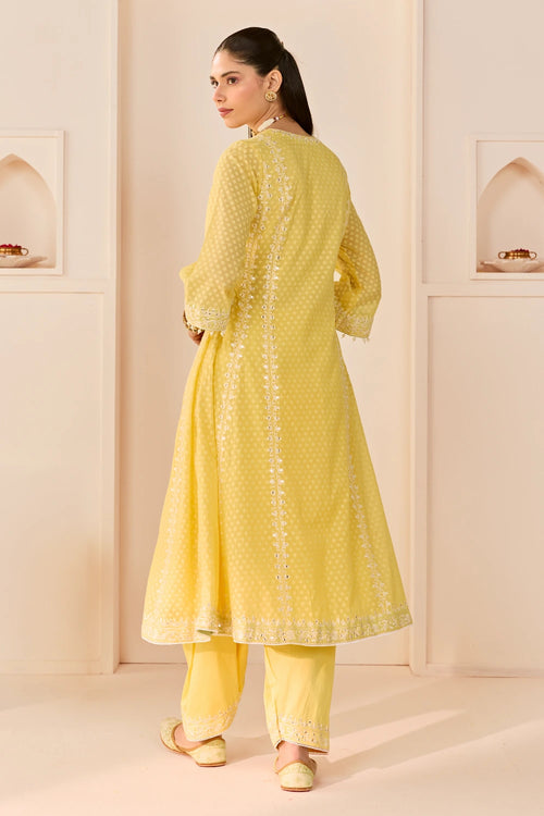 Firdaus Lemon Yellow Long Kalidaar Chauga with Dogri Salwar and Dupatta