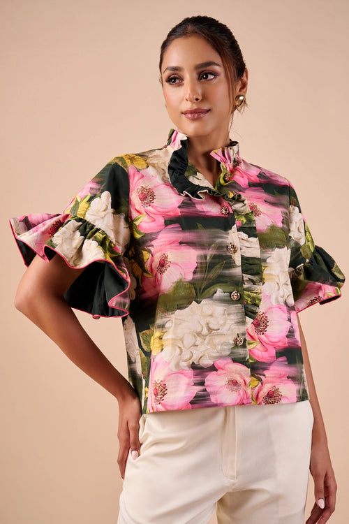 Dark Multi Smudge Ruffle Shirt