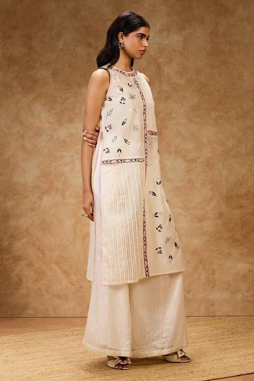 Ivory Threadwork Dress And Pants Set