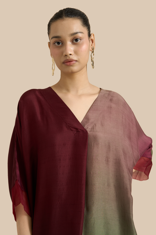 Dark Maroon Green Ombre Kaftan Set