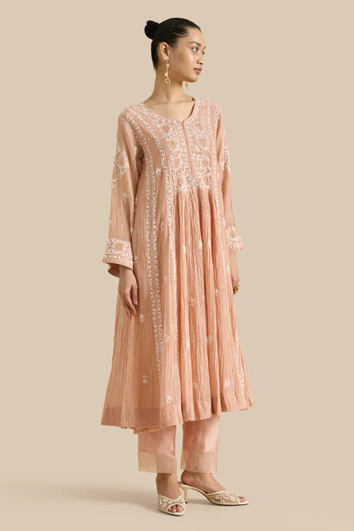 Kurta Set With Gathers Set With Chikankari Threadwork And Haath Ki Jaali Embroidery
