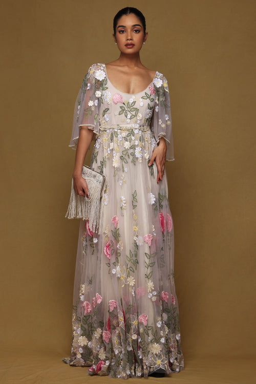 Floral Gown with Pearl Belt