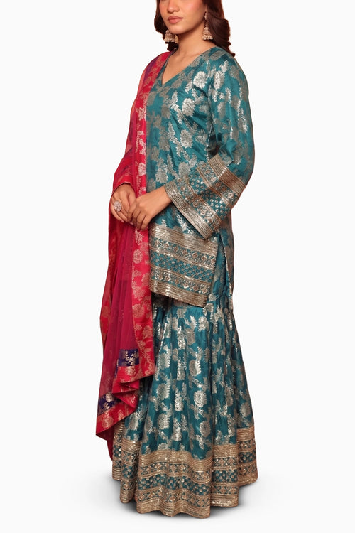 Turqouise Banarasi Begum Sharara Set With Pink Dupatta