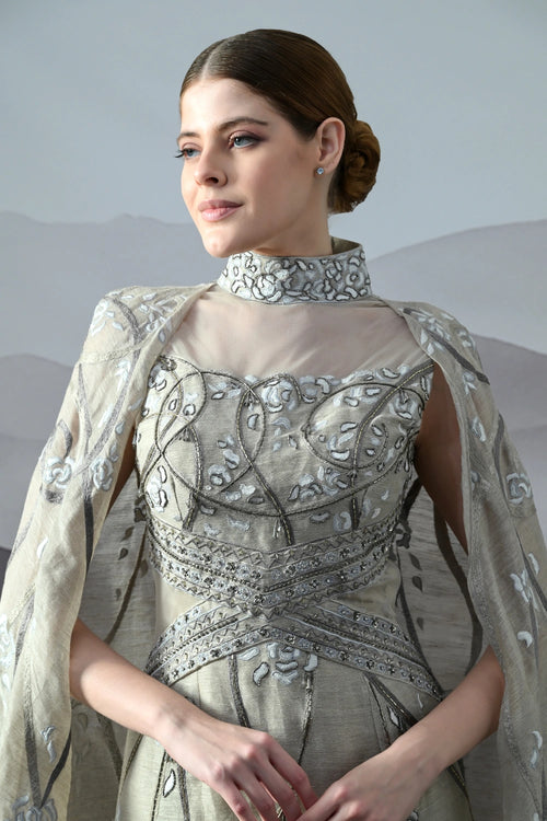 Soft Grey Couture Gown With Hand-Embroidered Floral Trails