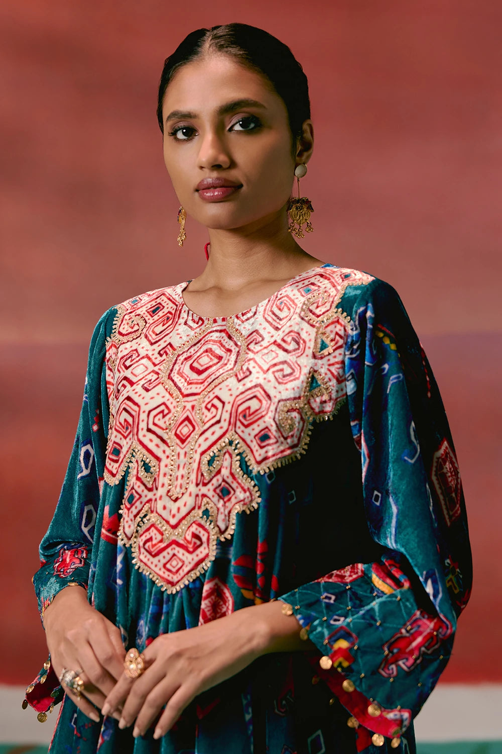 Teal Aztec Velvet Kurta Set
