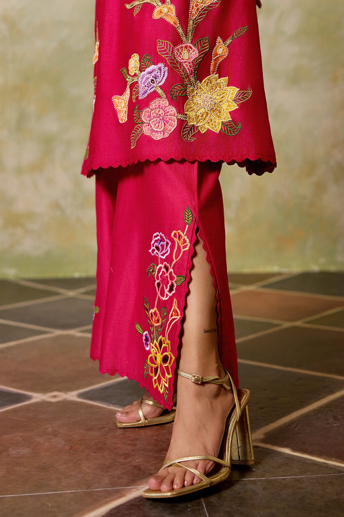 Fuchsia Mosaic Floral Kurta with Cutwork Pants
