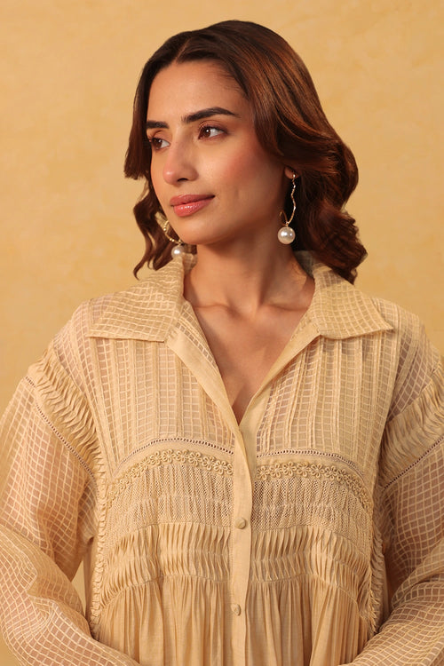 Vaayu Beige Pintuck Collar Kurta Set