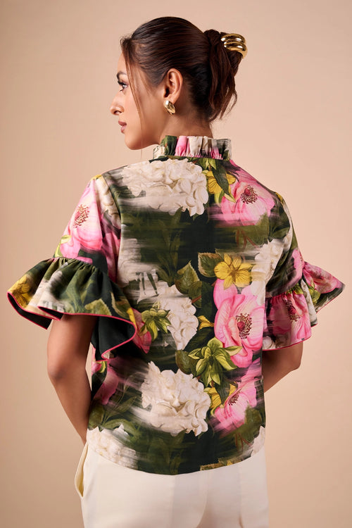 Dark Multi Smudge Ruffle Shirt