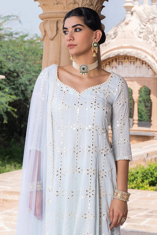 Ice Blue Big Flower Anarkali with Pants and Dupatta