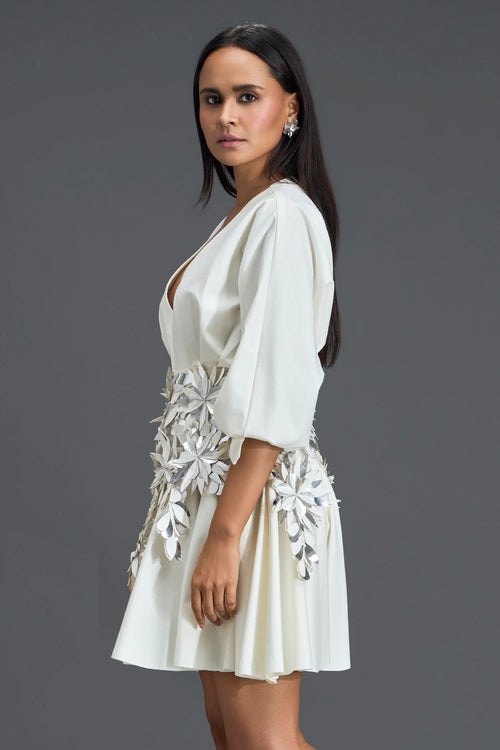 White Voluminous Sleeve Dress with Silver Floral Belt