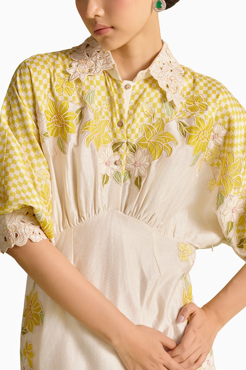Ivory And Yellow Checkered Kimono Dress