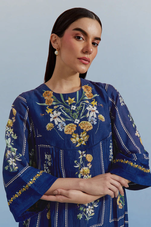 Blue Bouquet Pleated Dress