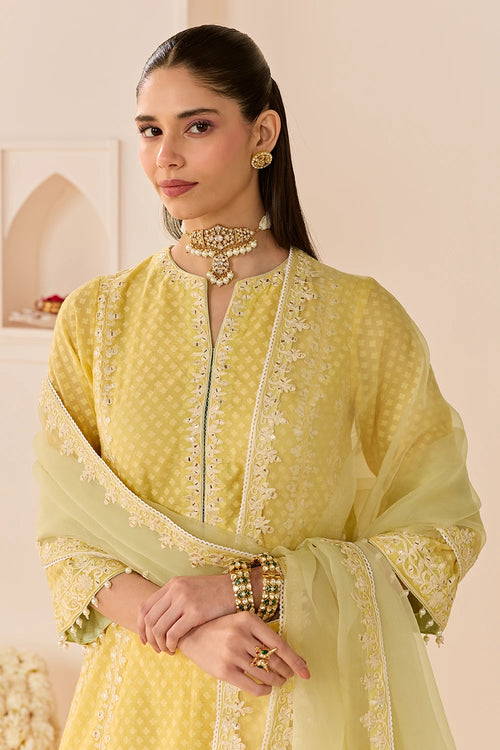 Firdaus Lemon Yellow Long Kalidaar Chauga with Dogri Salwar and Dupatta
