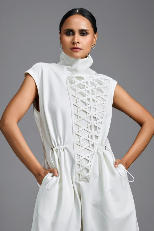 White Sculptural High-Neck Jumpsuit
