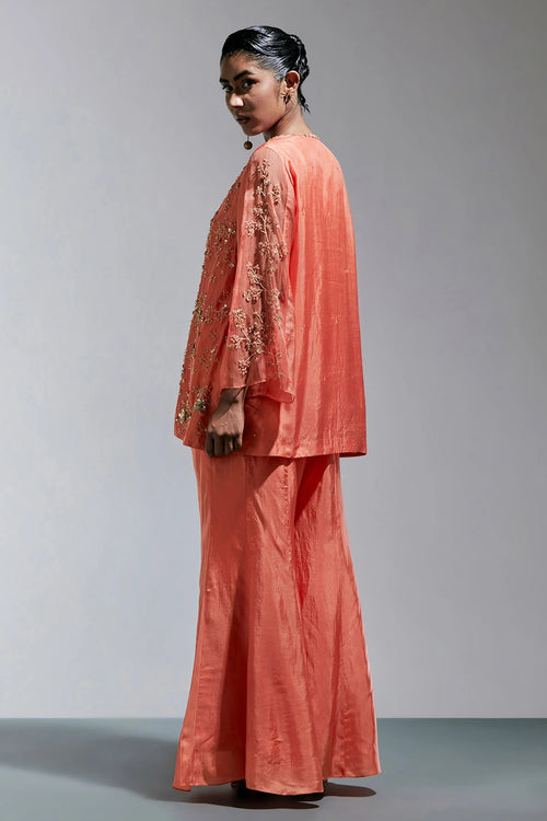 Vermilion Floral Embroidered Silk Sharara Set
