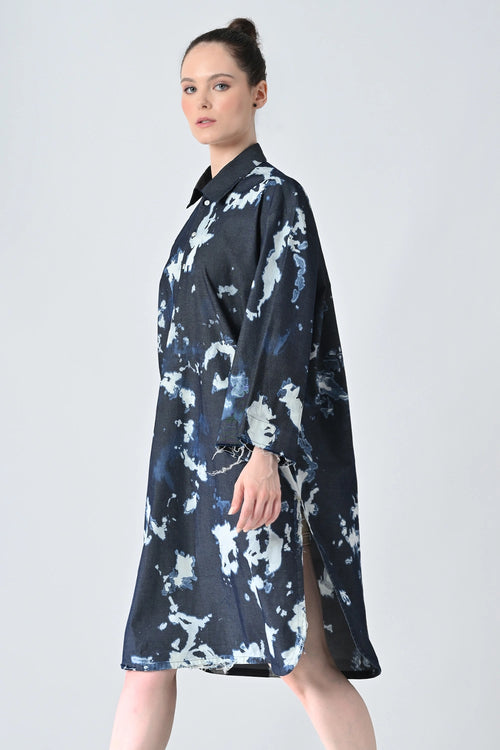 Midnight Blue Ink Abstract Printed Shirt Dress