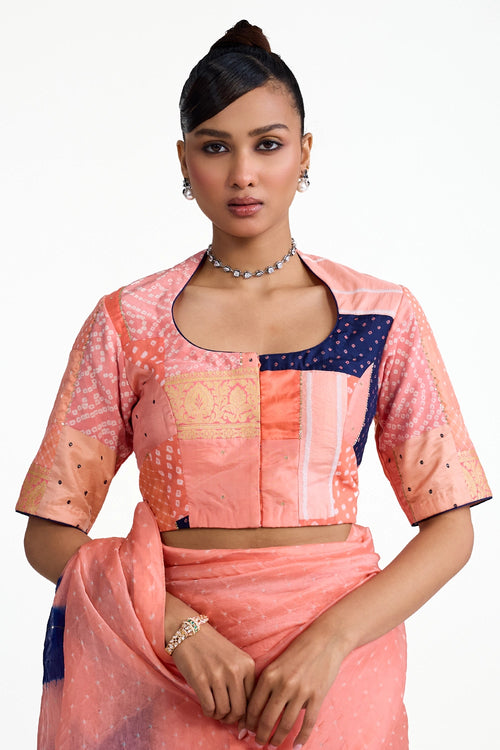 Peach Organza Bandhani Saree with Boro Blouse