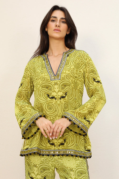 Olive Green Printed Patra Work Co-ord Set