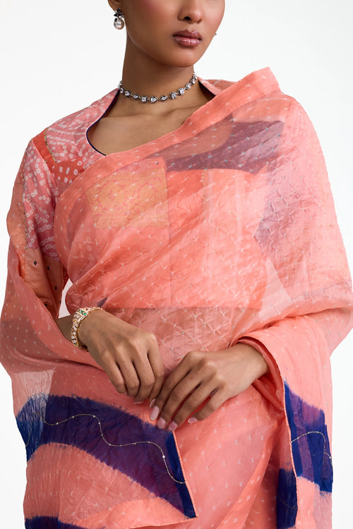 Peach Organza Bandhani Saree with Boro Blouse