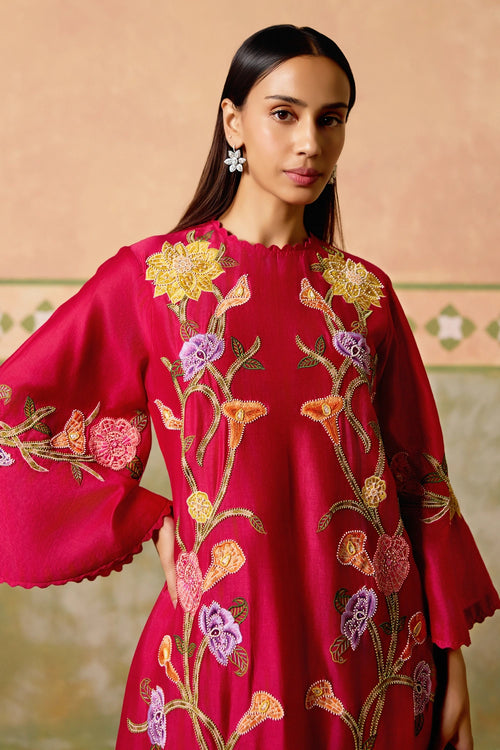 Fuchsia Mosaic Floral Kurta with Cutwork Pants