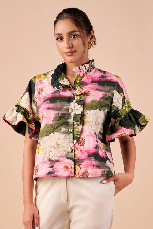 Dark Multi Smudge Ruffle Shirt