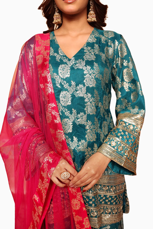 Turqouise Banarasi Begum Sharara Set With Pink Dupatta