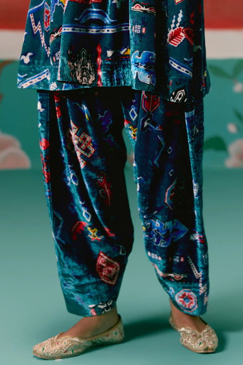 Teal Aztec Velvet Kurta Set