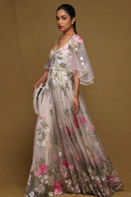 Floral Gown with Pearl Belt