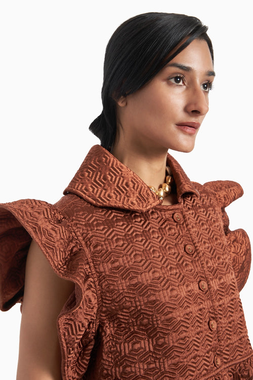 Brown Quilted Jacket With Smocked Stain Pants