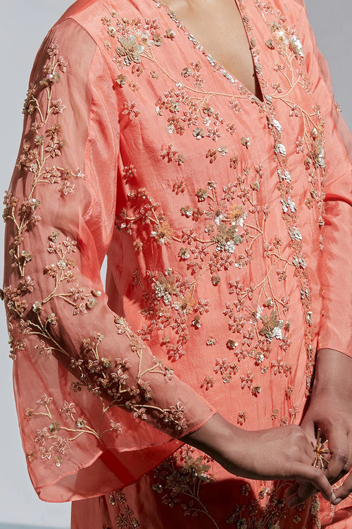 Vermilion Floral Embroidered Silk Sharara Set
